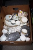 A BOX OF ASSORTED CHINA TO INCLUDE ROYAL GRAFTON, ATLAS CHINA AND QUEENSBERRY CHINA