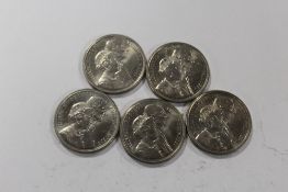 FIVE COMMEMORATIVE FIVE POUND COINS