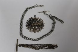 A HALLMARKED SILVER ALBERT POCKET WATCH CHAIN, TOGETHER WITH ANOTHER AND A WHITE METAL BULL