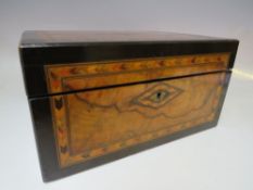 AN ANTIQUE WALNUT AND EBONISED DRESSING BOX, the lid and front with Tonbridge ware inlaid detail,