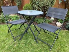 A GARDEN BISTRO SET FOLDING TABLE AND TWO CHAIRS - USED CONDITION