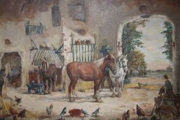 A FRAMED VINTAGE OIL ON CANVAS DEPICTING A STABLE INTERIOR SCENE WITH HORSES, BIRDS AND FIGURES