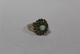 A HALLMARKED 9 CARAT GOLD EMERALD AND OPAL HIGH GALLERY RING, APPROX WEIGHT 4.3G, RING SIZE Q