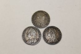 TWO GEORGE II SILVER COINS, TOGETHER WITH A GEORGE III EXAMPLE (3)