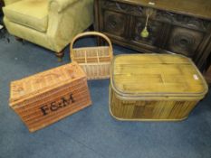 A COLLECTION OF ASSORTED WICKER AND BASKET WARE TO INCLUDE A FORTNUM & MASON HAMPER BASKET (4)