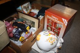 THREE BOXES OF HOUSEHOLD SUNDRIES TO INCLUDE BOXED DRINKING GLASSES AND FIGURES, LARGE CERAMIC PIGGY