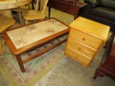 A RETRO TILE TOP COFFEE TABLE TOGETHER WITH A PINE BEDSIDE CHEST (2)