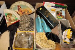 A TRAY OF COLLECTABLES, CLOTHING AND ACCESSORIES TO INCLUDE A VICTORIAN FOLDING PARASOL, SHOE