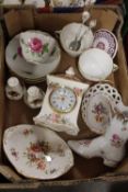 A SMALL TRAY OF ASSORTED CERAMICS TO INCLUDE A ROYAL ALBERT LADY CARLISLE CLOCK, DRESDEN STYLE