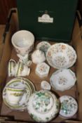 A TRAY OF ASSORTED CERAMICS TO INCLUDE MINTON HADDON HALL, CROWN STAFFORDSHIRE, DUCHESS CHINA ETC.