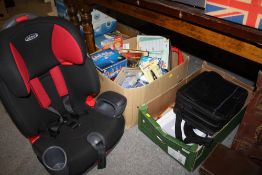 TWO BOXES OF HOUSEHOLD SUNDRIES TO INCLUDE PACKAGED TOOLS, GRACO CAR SEAT ETC.