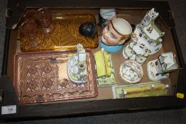 A TRAY OF CERAMICS AND GLASSWARE TO INCLUDE COALPORT COTTAGE FIGURES AND GLASS DRESSING TABLE ITEMS
