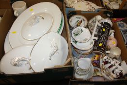 TWO TRAYS OF ASSORTED CHINA TO INCLUDE ROYAL IMPERIAL CHINA, PORTMEIRION COFFEE POT, MEAT PLATES