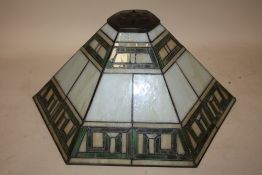 A TIFFANY STYLE HEXAGONAL LAMP SHADE, DIA. 45CM, A/F, RESTORATION TO GLASS PANELS