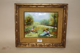 A GILT FRAMED ENAMEL ON COPPER PICTURE ENTITLED 'AUTUMN PICNIC' BY J LUKES WITH CERTIFICATE OF
