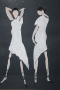 (XX). Modernist study of two women in white dresses, indistinctly signed lower right, mixed media on