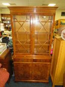 A REPRODUCTION YEW WOOD DISPLAY BOOKCASE, H 184 CM, W 91 CM