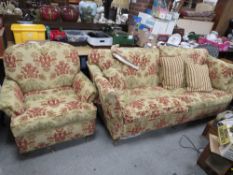 A MODERN UPHOLSTERED THREE SEATER SOFA AND ARMCHAIR - PET SCRATCHES TO BASES