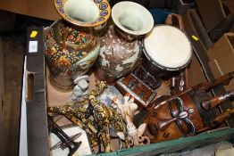 A TRAY OF ASSORTED COLLECTABLES TO INCLUDE TRIBAL STYLE TREEN MASKS, MELBA WARE GOAT FIGURE,