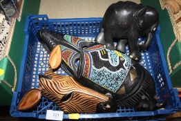 TWO AFRICAN TRIBAL MASKS, TO INCLUDE A BEADED EXAMPLE, TOGETHER WITH TWO EBONISED WOODEN ELEPHANT