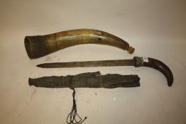 AN EAST AFRICAN SUDANESE TRIBAL ART KNIFE WITH FULL CROCODILE SKIN SHEATH, TOGETHER WITH DINKA COW