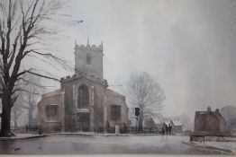 T. CARR (XX). British school, Wintery village scene with figures before a church, signed lower left,