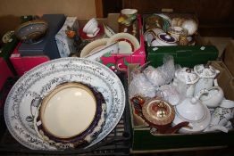 FOUR TRAYS OF ASSORTED CHINA AND CERAMICS TO INCLUDE ROYAL DOULTON, ROYAL GRAFTON AND BIRD FIGURES