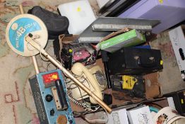 A BOX OF ASSORTED COLLECTABLES TO INCLUDE A VINTAGE TELEPHONE, METAL DETECTOR, CASE OF CHILDRENS