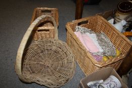 A SMALL QUANTITY OF WICKER WARE AND LINEN TO INCLUDE TWIN HANDLED BASKETS