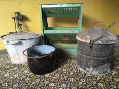 A VINTAGE ENAMELED TALA VEGETABLE RACK TOGETHER WITH TWO VINTAGE METAL LIDDED POTS AND CONTENTS,