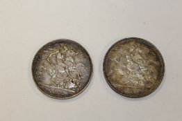 TWO VICTORIAN SILVER CROWNS DATED 1888 AND 1889