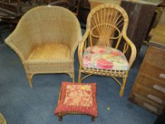 TWO WICKER ARMCHAIRS AND A SMALL STOOL (3)
