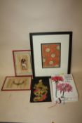 A FRAMED AND GLAZED JAPANESE WOODBLOCK PRINT OF A FLORAL FABRIC PATTERN, TOGETHER WITH A PEN DRAWING