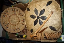 A FIJIAN WOVEN CUSHION, DANCE RATTLES, CARVED BIRDS ETC.