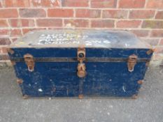 A VINTAGE METAL TRUNK WITH LEATHER TWIN HANDLE W-92 CM CONDITION - BATTERED A LITTLE AND RUST TOGE