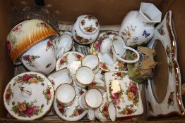 A BOX OF ROYAL ALBERT OLD COUNTRY ROSES CERAMICS TO INCLUDE A PICTURE FRAME, AYNSLEY VASE ETC.