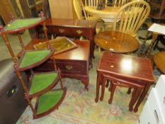 A CIRCULAR OCCASIONAL TABLE, WOT-NOT, SIDE TABLE, NEST OF TABLES, TV CABINET AND TRAY (7)