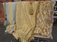 THREE QUALITY DOOR CURTAINS WITH ROPE / TASSEL TIE BACKS, COMPRISING A STRIPED LINEN EXAMPLE WITH