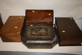 AN ANTIQUE WRITING SLOPE TOGETHER WITH A MAHOGANY LIDDED STORAGE BOX, AN ORIENTAL LACQUER WARE