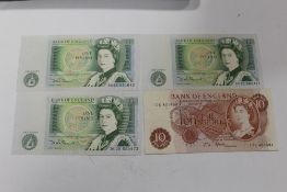 THREE VINTAGE ONE POUND NOTES, TOGETHER WITH A TEN SHILLINGS NOTE