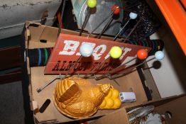 A VINTAGE MAGAZINE RACK, BBQ PIT SIGN ETC. AND A BOX OF MUGS AND DRINKING GLASSES ETC.