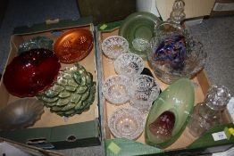 TWO TRAYS OF GLASSWARE TO INCLUDE CUT GLASS DECANTERS