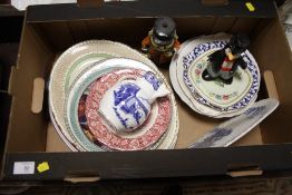 A TRAY OF ASSORTED CERAMICS TO INCLUDE A COALPORT JUG, MEAT PLATES ETC.