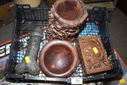 A CARVED HARD WOOD BRUSH POT, A LARGE PHALLIC POTTERY WHISTLE, INDIAN TRINKET BOX, AND A LARGE RED