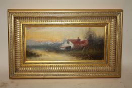 A GILT FRAMED OIL ON BOARD DEPICTING A COUNTRY RIVER LANDSCAPE WITH COTTAGE HINES LOWER LEFT (ALSO