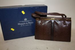 A VINTAGE BOXED MAPPIN AND WEBB SNAKESKIN HANDBAG