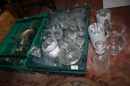 TWO TRAYS OF MOSTLY CUT AND ETCHED GLASSWARE TO INCLUDE A DECANTER (PLASTIC TRAYS NOT INCLUDED)