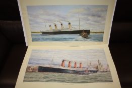 A PAIR OF UNFRAMED SIGNED LIMITED EDITION S W FISHER PRINTS OF SHIPS ENTITLED 'THE TITANIC AT