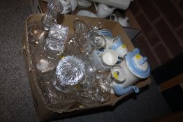 A BOX OF GLASSWARE TO INCLUDE DECANTERS TOGETHER WITH A JOHNSON ROSE ENGLISH OAK COFFEE SET