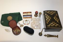 A BOX OF COLLECTABLES TO INCLUDE A MOTHER OF PEARL CARD CASE, TORTOISESHELL BOX A/F, TARTANWARE